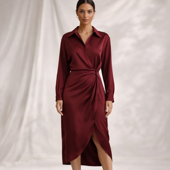 Astr The Label | Satin Wrap Shirt Dress Burgundy NWT - Picture 9 of 11
